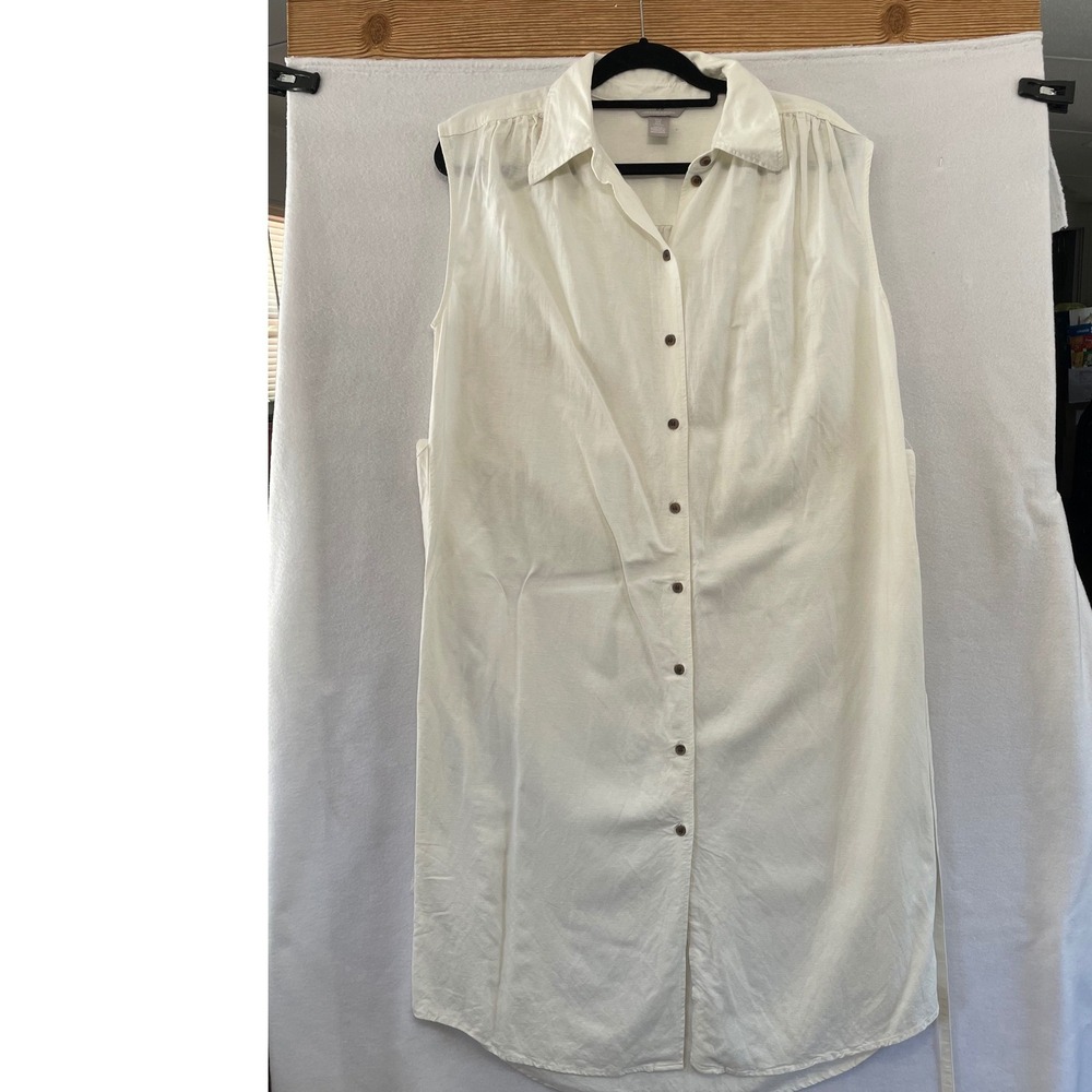 H&M Shirt Dress Womens Medium M Off White Linen Blend Sleeveless Midi Button Up - Picture 3 of 10